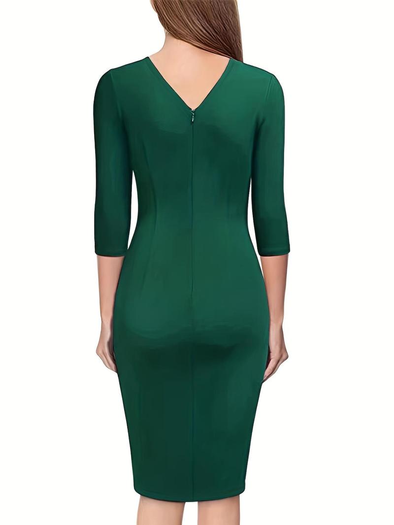 Product Introduction of Women's Plain V Neck Belted Wrap Ruched Knee Length Bodycon Dress, Elegant Asymmetrical Hem Dress, Women's Spring & Fall Clothes For Work Office Business 7