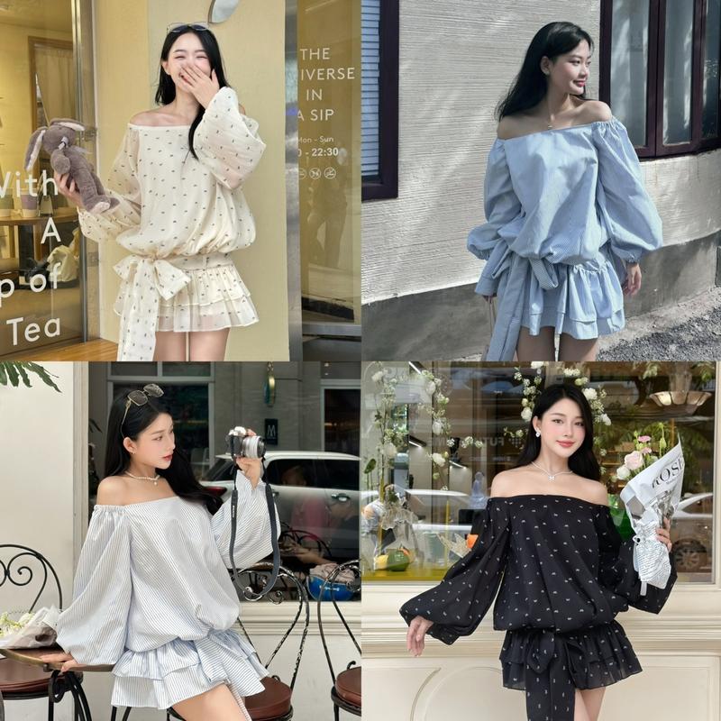 Bloom Dress Váy trễ vai dáng bí tay bồng dài bo chun vai và dây đai thiết kế có bigsize Clay Clothing