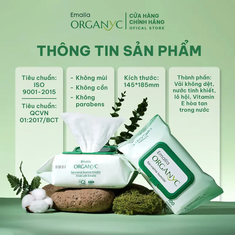 Khăn ướt Emalia Organyc 100 tờ cao cấp, Giấy ướt không cồn, không Parabens, Không mùi, Khăn giấy ướt tiêu chuẩn ISO 9001-2015 K1