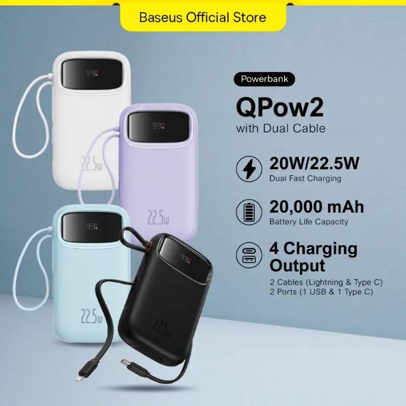 Power Bank 10000mAh 20000mAh PD 22.5W 20W Fast Charging Powerbank DualCable Portable Charger