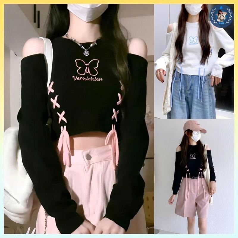 [A283] Áo len QC nữ Montoghi hàng dệt kim THÊU HÌNH kèm THẮT DÂY phối khoét vai 2 bên tay dài xinh xắn - L2M (Top Women Fashion ) 【 hoa hồng  【 Hỏa tốc  