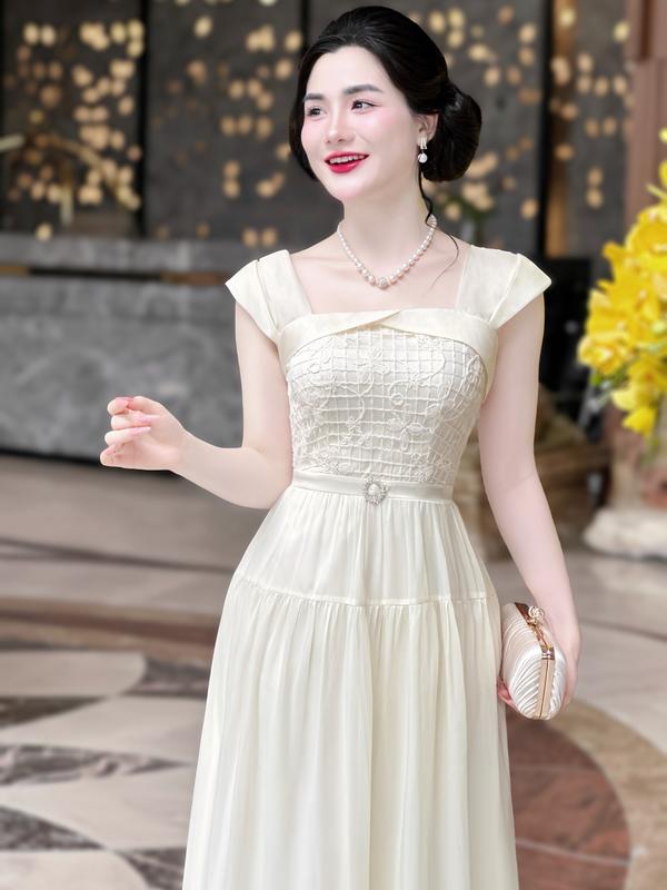 [MIỄN SHIP] MDU4048 Váy với chất liệu Tơ óng cao cấp - Thiết Kế Dáng Dài Thanh Lịch Dành Cho Nữ Women Dress  Kem 4