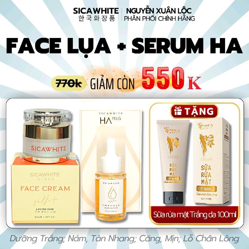[COMBO FULL] KEM FACE LỤA SICAWHITE 25g + SERUM HA PLUS 40ml (Tặng Sữa rửa mặt 100ml) - Dưỡng Trắng, Hỗ trợ Da Nám, Tàn Nhang, Thâm, Đồi mồi, hỗ trợ da dầu nhờn, lỗ chân lông to ... [Kem Sica/Sicawhite]  - Skincare - Kem Face