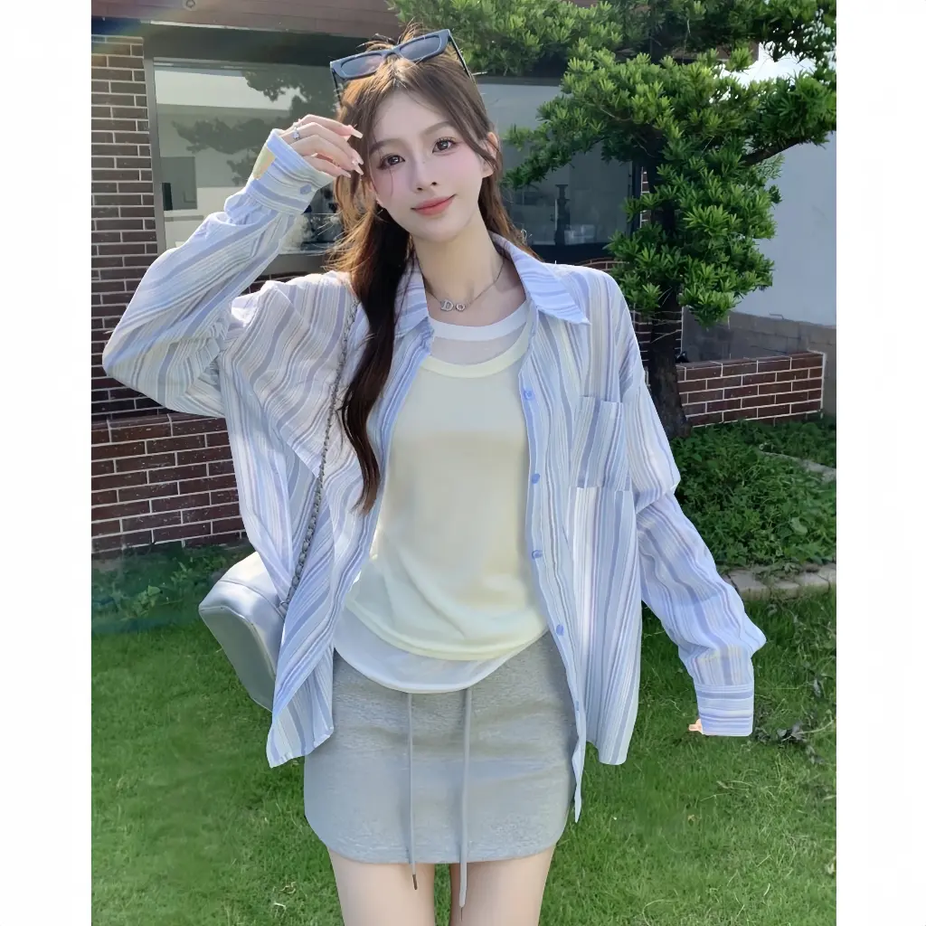 [  QIHO ] Áo kiểu nữ sơ mi dài tay kẻ sọc chất đũi 2 màu xinh pastel Qiho Women Shirt Top Kem | BigBuy360 - bigbuy360.vn