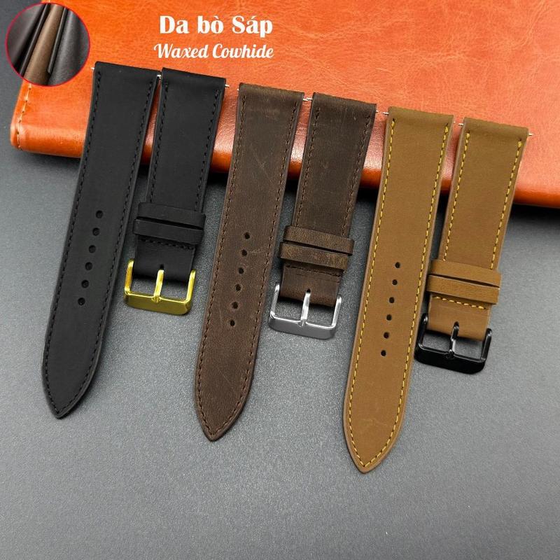 (Đen/ Nâu Đất/ Vàng Bò) Dây đồng hồ da bò sáp handmade nhiều size 18 19 20 21 22 24 mm