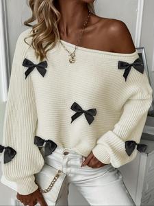Women's Bow Decor Drop Shoulder Sweater, Casual Long Sleeve Boat Neck Jumper for Fall & Winter, Fashion Ladies' Knitwear for Daily Wear, Workwear for Women