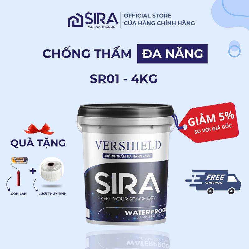   4KG  Sơn chống thấm SIRA Đa năng SR01 - Sơn chống thấm tường trong trên nền ẩm sân thượng sàn mái + Tặng  con lăn + 5m lưới thuỷ tinh 