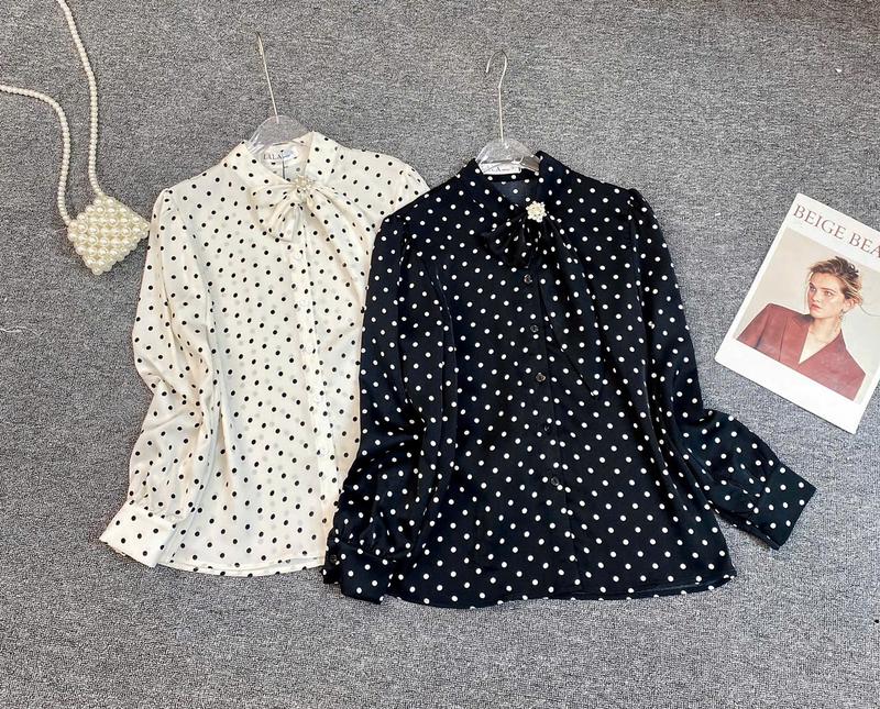 Áo Sơ Mi Lụa Chấm Bi Cổ Tàu Nơ Lệch Tặng kèm khoen đá Lala Fashion Mã 4243