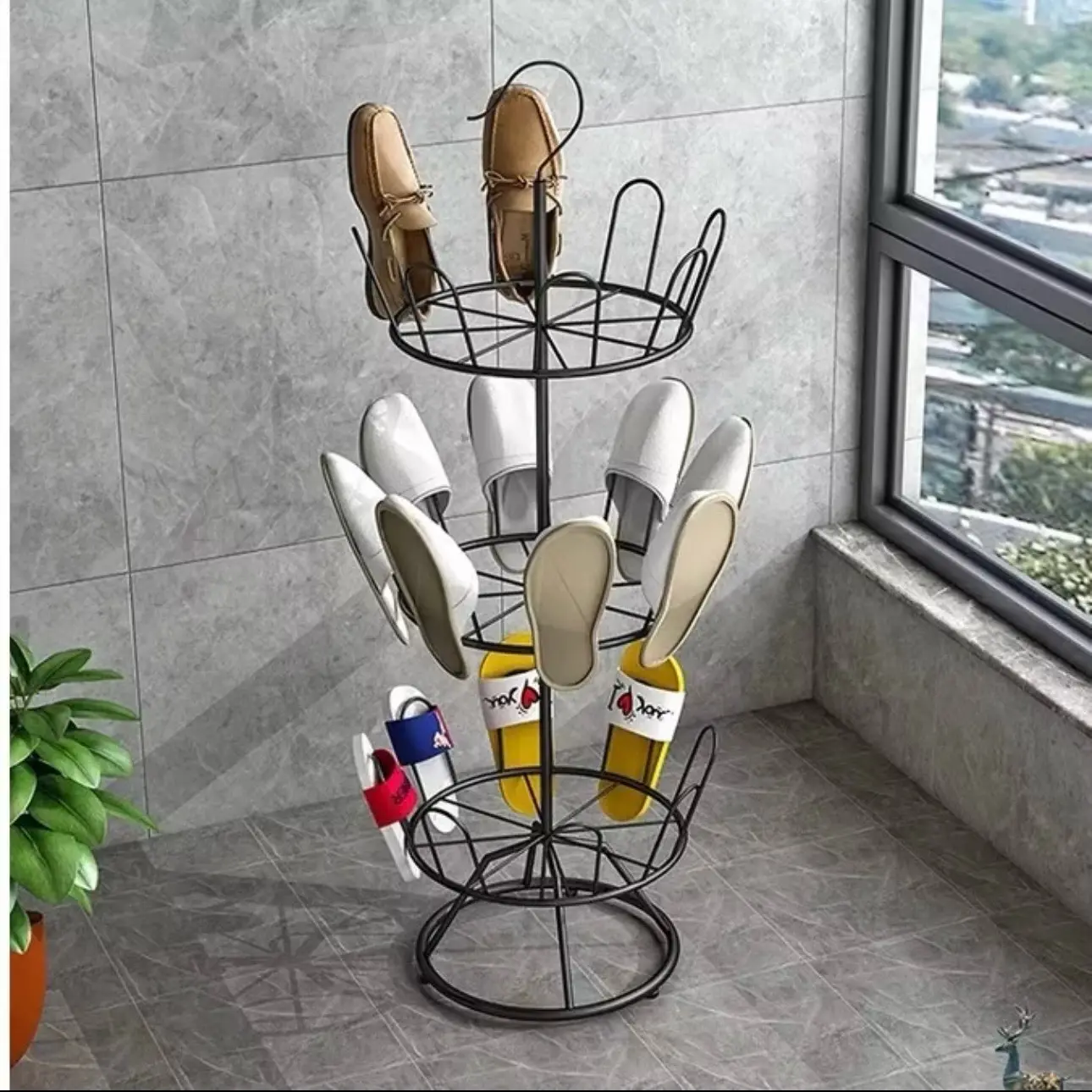 Kệ phơi giầy dép 3 tầng xoay 360 độ chất liệu thép cacbon, phun sơn tĩnh điện 3 lớp không gỉ - Hàng đẹp - Có móc treo, Khô nhanh, Tiết kiệm không gian. khay sắt decor