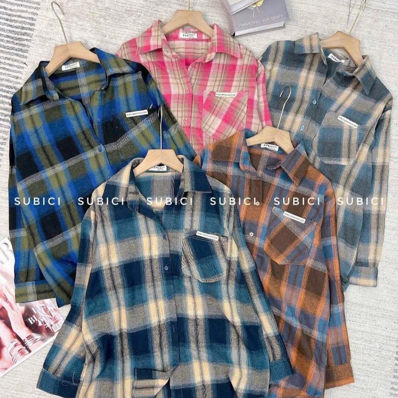 Áo Kẻ Ô Xinh Xắn Chất Nỉ Bông Mềm Mại Phong Cách Form 40-65kg Áo Công Sở Xinh Nữ Women Top Cotton Sơ Mi 3