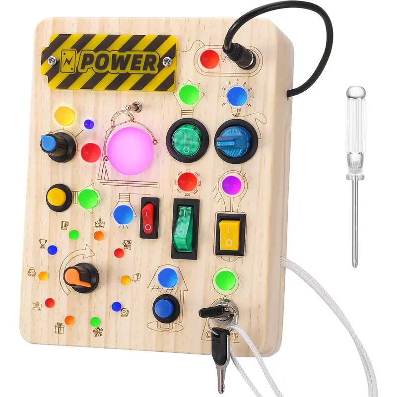 GSrenyu Busy Board for Toddlers, Sensory Board Toys Fidget Board with 23 LED Lights, Early Educational Learning Travel Toy Activity Board Wooden Toys for Boys Girls 2 3 4 Year Olds 0