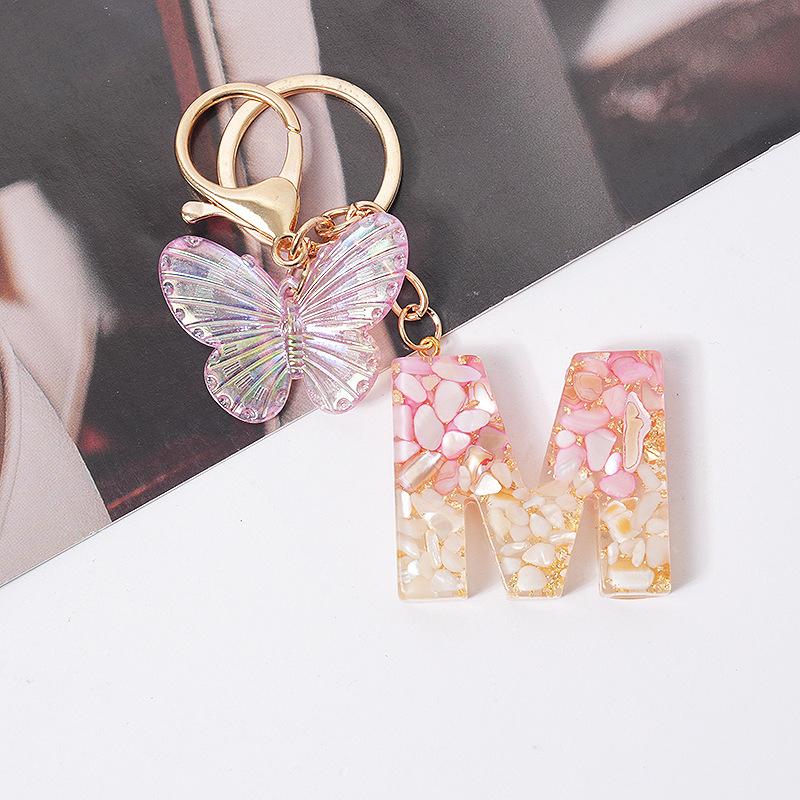 Product Introduction of [QQQ]Pink Dream Butterfly 26 Letters A To Z Resin Keychain 26 Initials White Stone  Leaf Pendant Keyring Backpack Charm Bag Decor 25