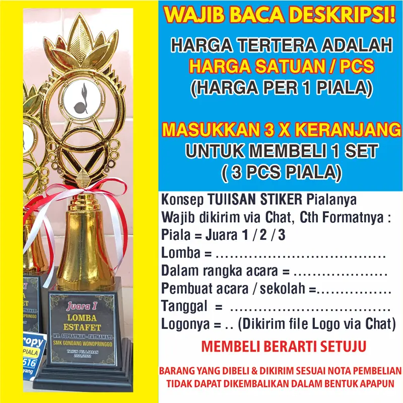 Trophy Piala Lomba Juara 1 2 3 Set Free Desain Stiker + Hiasan Pita Merah Putih 3