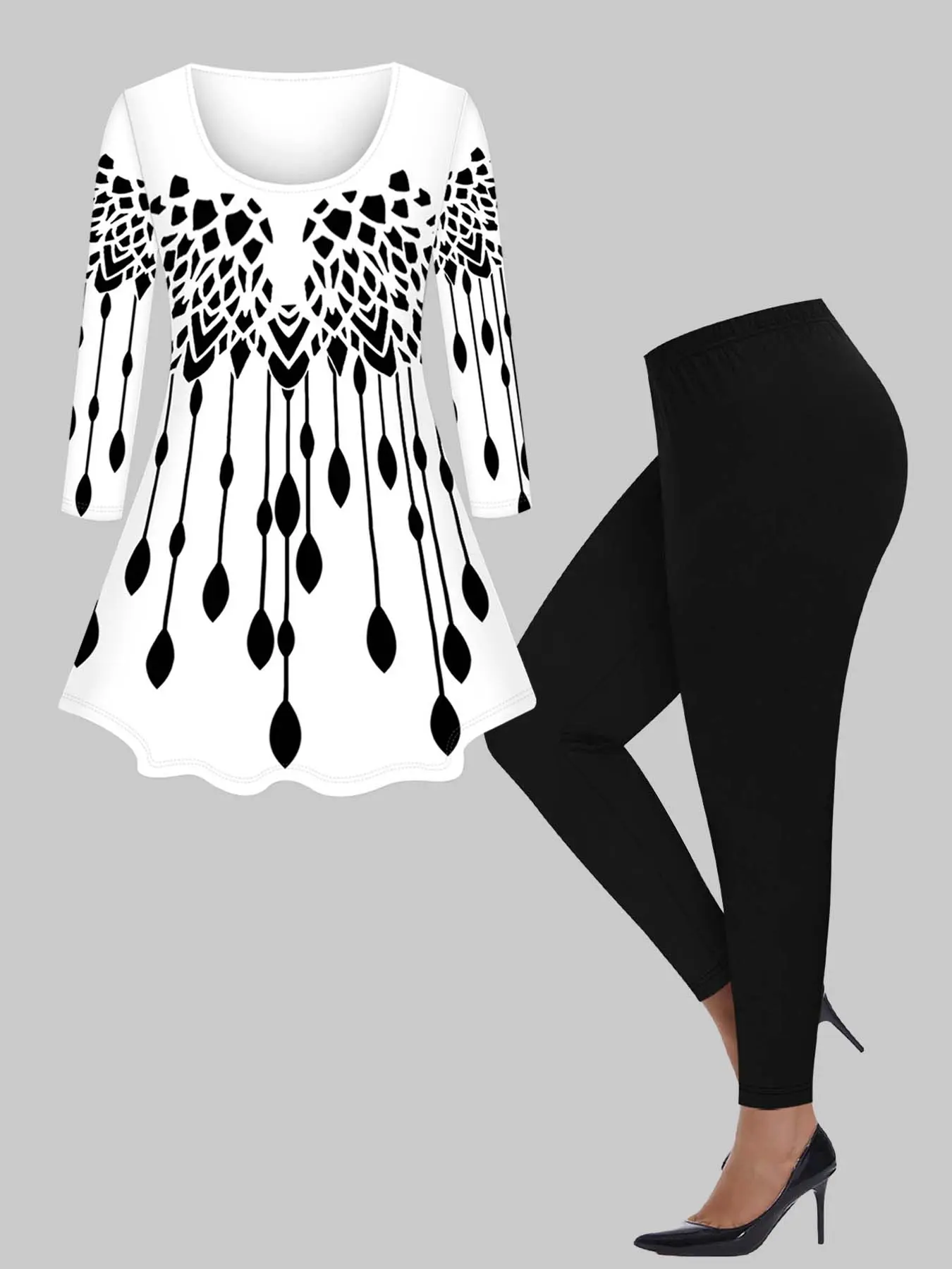 【Plus Size】Two-piece Set All Over Print Tee & Plain Leggings Set, Casual Round Neck Long Sleeve Top & Elastic Waist Skinny Pants for Daily Wear, Women's Relaxed Plus Outfits for All Seasons