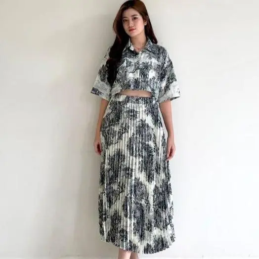 CF One Set Wanita Nature Korean Vintage Kemeja Crop & Rok Midi Plisket