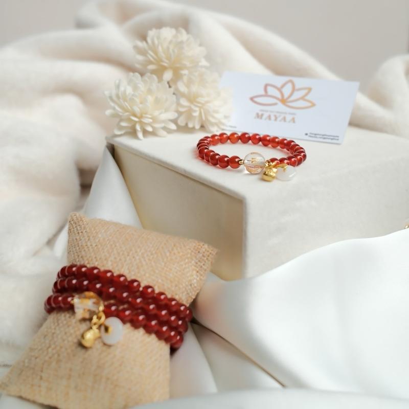 Vòng Tay Đá Đơn Mix Charm Đồng Điếu 6mm ( Đá Đỏ Đậm ) vòng  phong thủy 6