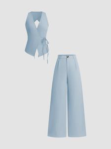 Two-Piece Set Women's Solid Color Tank Top & Wide Leg Pants, Casual Fashion Cozy for Daily Outdoor Wear, Ladies Clothes for Summer