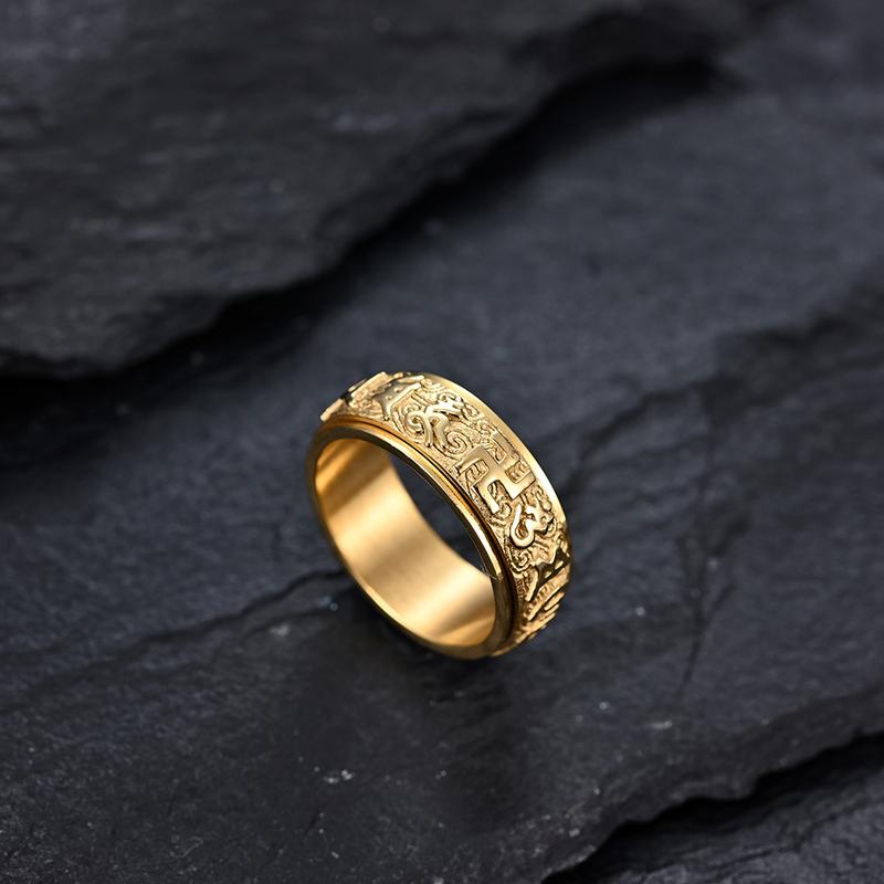 Product Introduction of Buddha Sutra Text Six Words Of Truth Titanium Steel Ring Men And Women With The Same Style Can Be Rotated Lotus Auspicious Cloud Pattern Index Finger Ring 3
