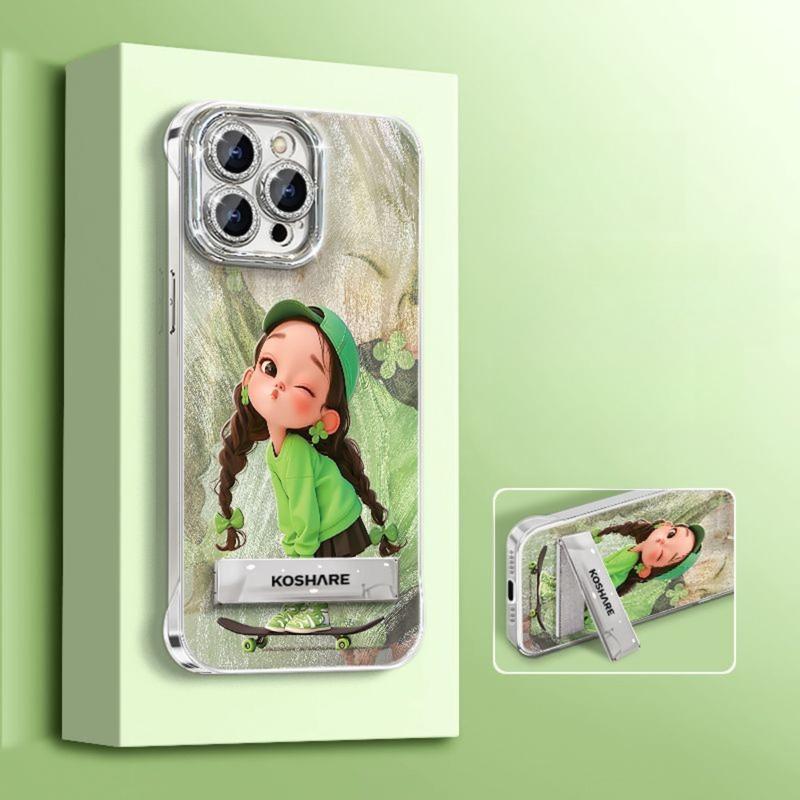 Ốp Điện Thoại Hình Cô Gái Ván Trượt Hoạt Hình, Tương Thích Với iPhone 16 / 15 / 14 / 13 / 12 / 11 / Pro / Max / 16 / 15 / 14 / Plus / XR / X / XS / Max, Màng Ống Kính Tích Hợp Không Viền Sợi Lông Vũ, Ốp Lưng Chống Sốc, Có Giá Chân Đế