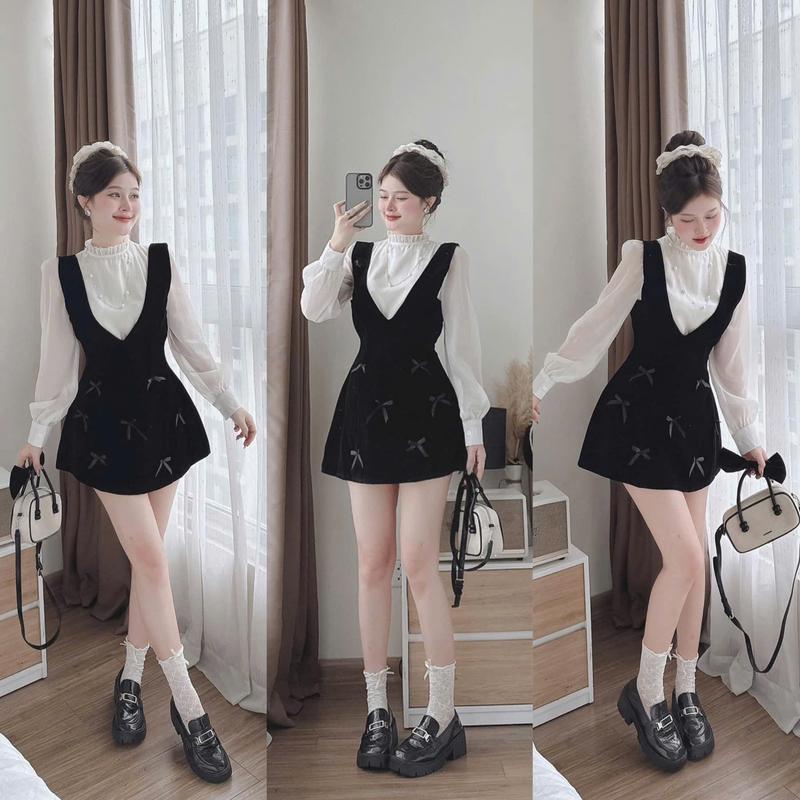 S811 SET THIẾT KẾ BIGSIZE 2 MÓN ĐẦM YẾM NHUNG ĐÍNH NƠ + ÁO SƠ MI( CÓ KÈM ÁO 2 DÂY ) (TÁO ĐỎ BIGSIZE 55-90KG)