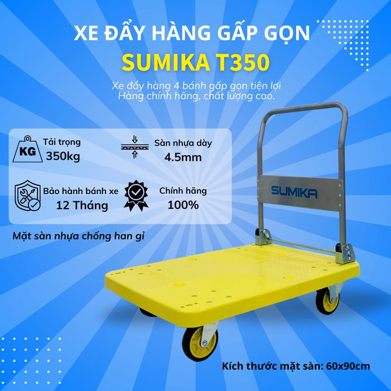 Xe đẩy hàng sàn nhựa SUMIKA T350, tải trọng 350kg, bánh xe nhựa PU đàn hồi, tay cầm gấp gọn