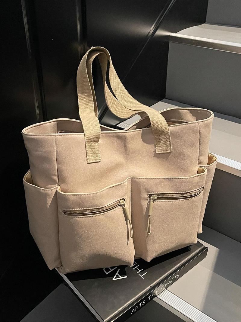 Product Introduction of Women's Solid Color Zipper Handbag, Large Capacity Multi-pocket Design Tote Bag, Casual Versatile Shoulder Bag for Daily Used 5