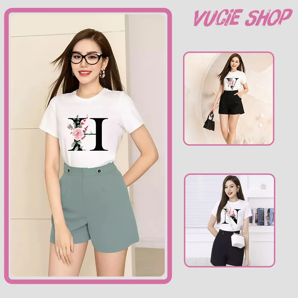 Áo Thun Cotton Cho Nữ,  Áo Thun Ngắn Tay In Hình Thời Trang, Thiết Kế Hoa Lá, Phong Cách Sang Trọng, Ao Thun Ngắn Tay In Hình Thời Trang Thiết Kế Hoa Lá. Women Top Voi