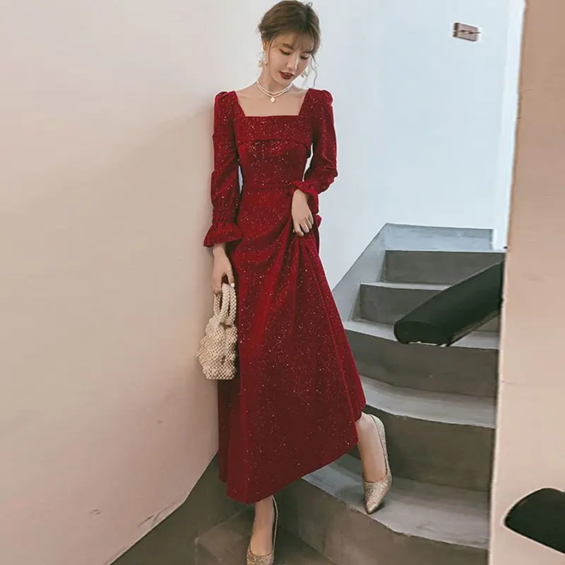 Bộ Đồ Ăn, Hàng Mới Về Mùa Thu Và Mùa Đông, Dài Và Thanh Lịch, Cổ Vuông, Váy Màu Đỏ Rượu Vang, Eo Bó Sát, Thích Hợp Mặc Hàng Ngày, Phong Cách Thanh Lịch 5