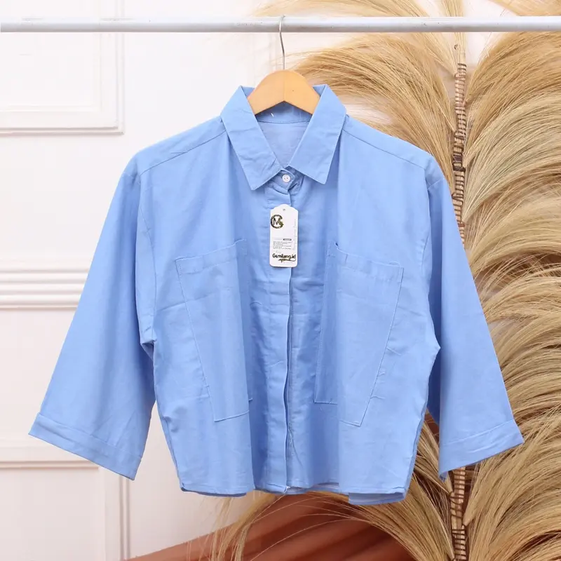 Melva Korean Crop Kemeja Wanita Semi Crop Linen Saku Dua Ld 120 Blouse Atasan Wanita Gemilang 3