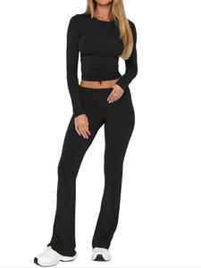 Women's Solid Long Sleeve Tee & Bell Bottom Pants Loungewear Two-piece Set, Casual Comfy Round Neck Top & Drop Waist Flare Leg Trousers PJ Set, Matching Sets, Ladies Sleepwear for All Seasons, Pajama Sets Women