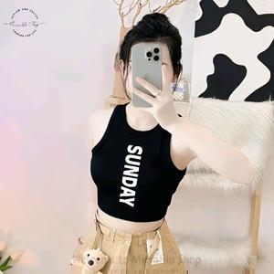 Áo Thun 3 Lỗ Croptop Dáng Ngắn Thun Borip Form Ôm Body In Chữ Dọc SUNDAY , Nữ Women Cổ Tròn