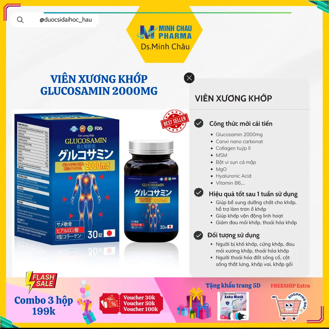 MC6[Combo 3 hộp] Thực phẩm bảo vệ sức khỏe_Viên Xương Khớp Glucosamin hỗ trợ giảm thoái hóa khớp, đau nhức