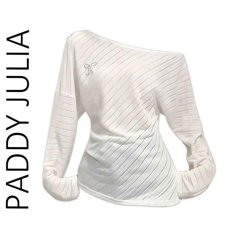 Áo Thun Dài Tay Thiết Kế Bất Đối Xứng Vai, Paddy Julia, Dành Cho Nữ, Dáng Rộng Vừa Vặn, Phong Cách Đầu Thu, Áo Khoác Chống Nắng, Dễ Thương Và Gợi Cảm