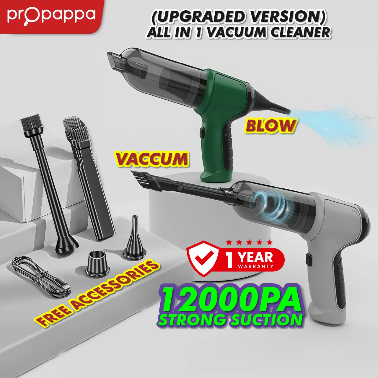 Propappa - (Upgraded Version) All IN 1 Cordless Vacuum Cleaner Duster Blower Air Suction