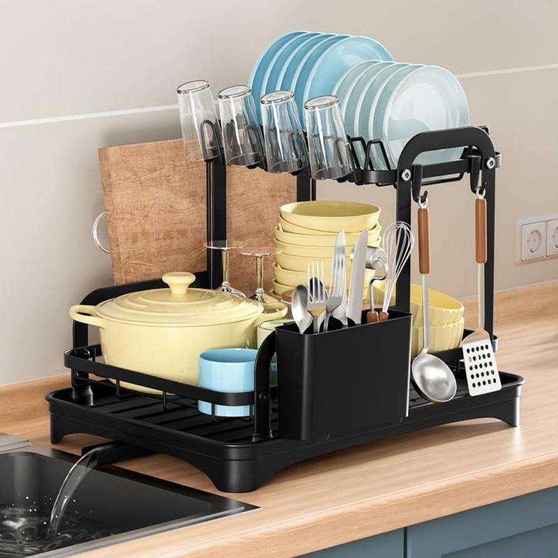 Product Introduction of Kitchen Dish Drainer Rack, 1/2 Counts Countertop Double Layer Dish Drying Rack with Utensils Holder, Kitchen Utensil Rack, Bowl Cup Holder, Kitchen Organizer 0