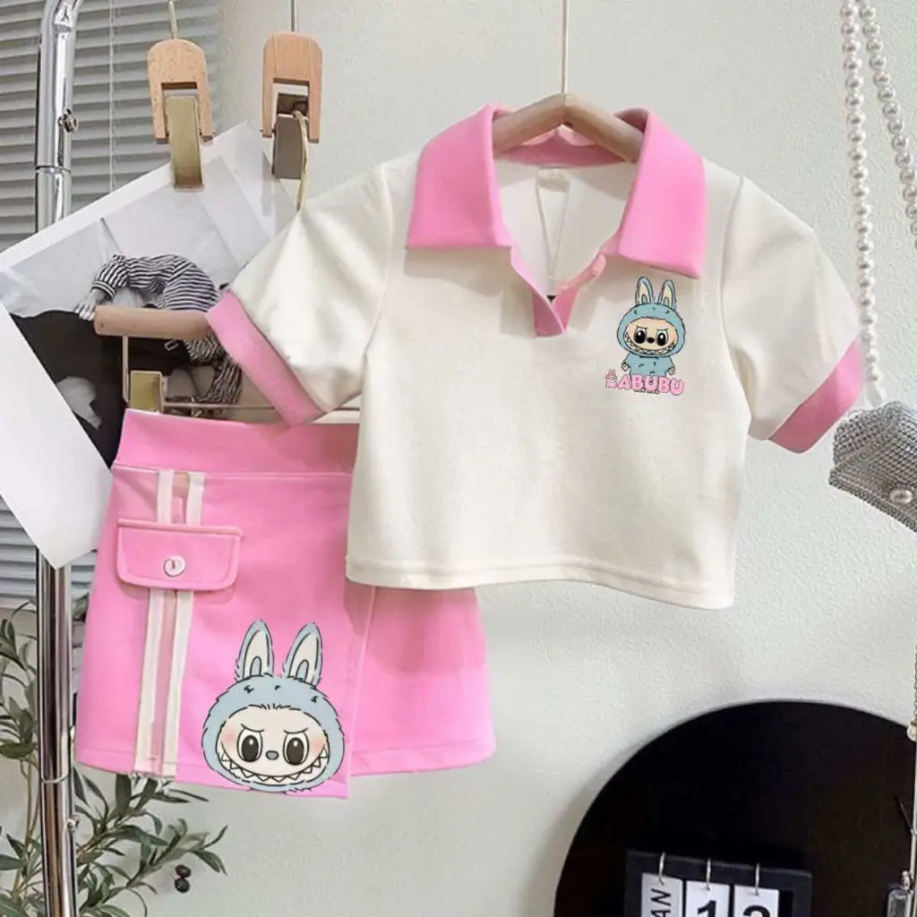 Setelan Rok Crop Top Anak Gambar Labubu Viral Usia 3-12 tahun Baju Pakaian Perempuan Sweater Fashion