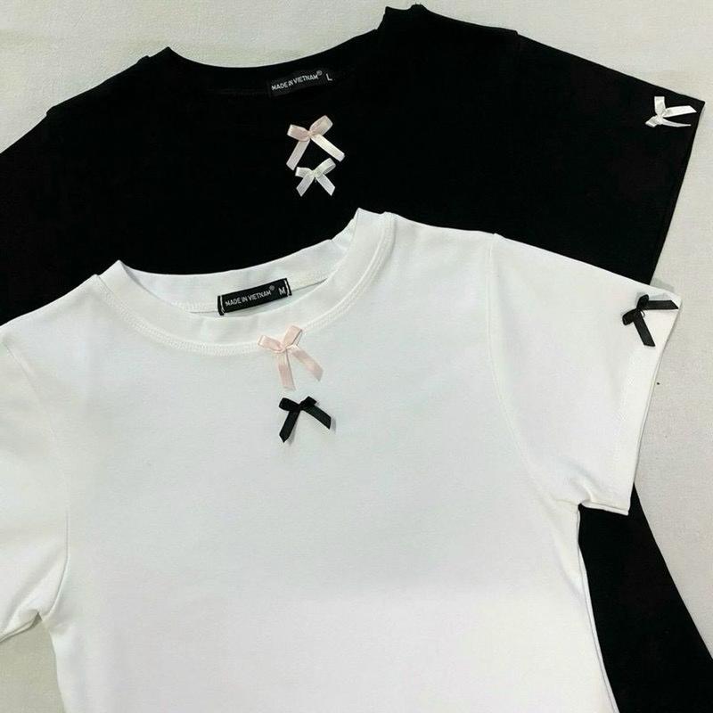 Áo thun gân cotton co giản nơ trước ngực và 2 bên tay, from 45kg - 60kg. Giá sỉ - giá bán buôn 5