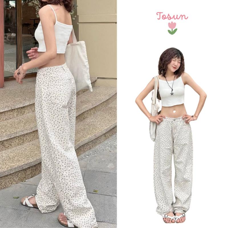 TOSUN Quần jean nữ hoa nhí hottrend ống rộng cạp cao hack dáng phong cách Douyin Q05