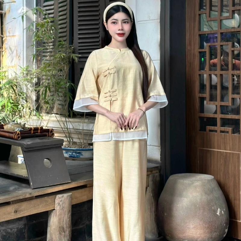 [ Diệu Mai ] Bộ đồ lam trang nghiêm Đũi Lụa 5 màu đi lễ chùa  Women Nữ Voi Jacket 6