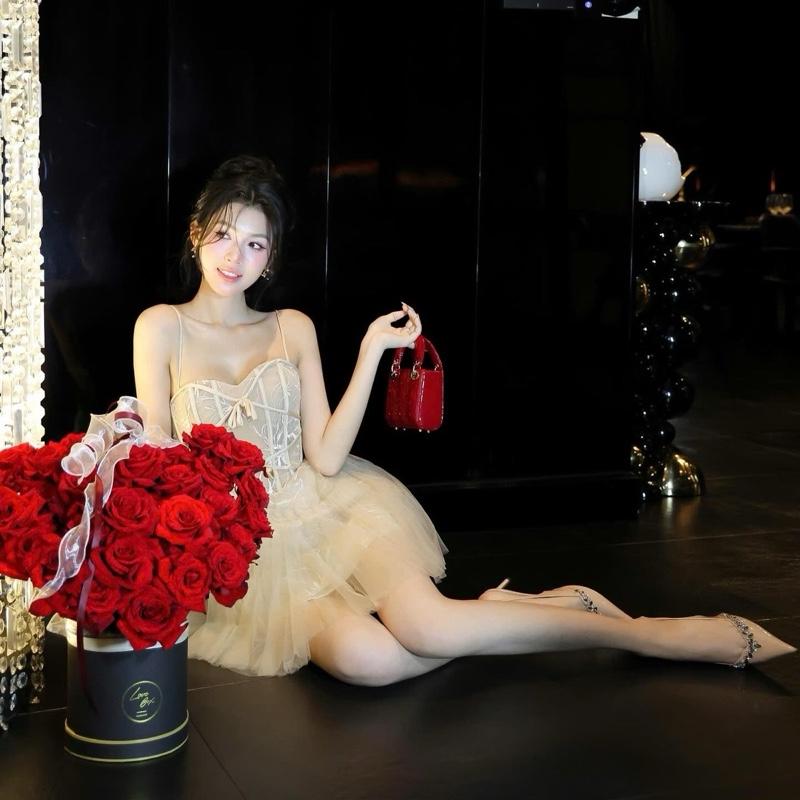 1994 STORE - Đầm váy nữ đi tiệc sang chảnh,đầm hai dây voan tơ dáng xòe viền nơ xinh. 5