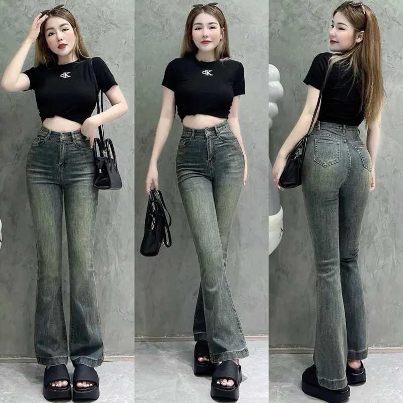 Quần jeans loe rêu gấu to mài đùi lưng cao co dãn 4 chiều phong cách trẻ trung , năng động