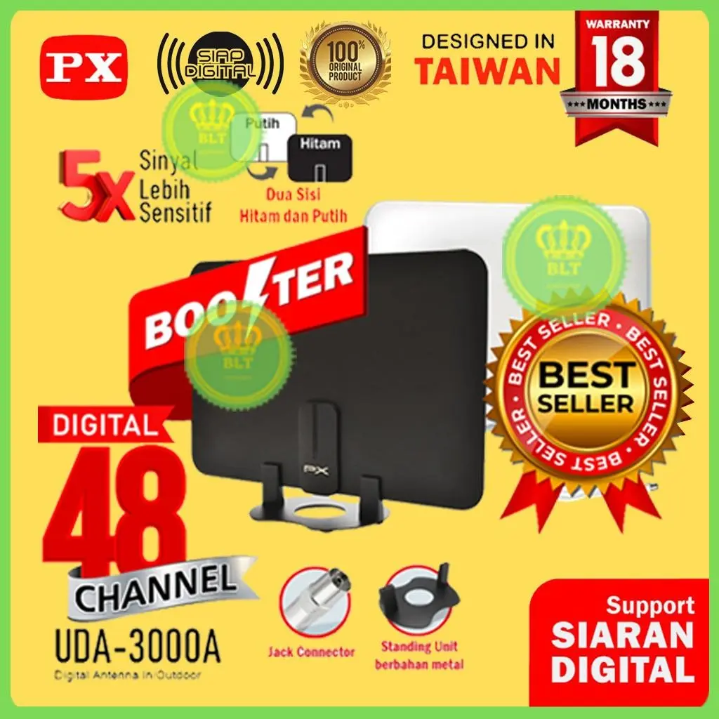 PX UDA-3000A Antena TV Digital Indoor Dinding DVB-T2 + Booster LED Hitam Adaptor Kabel Televisi