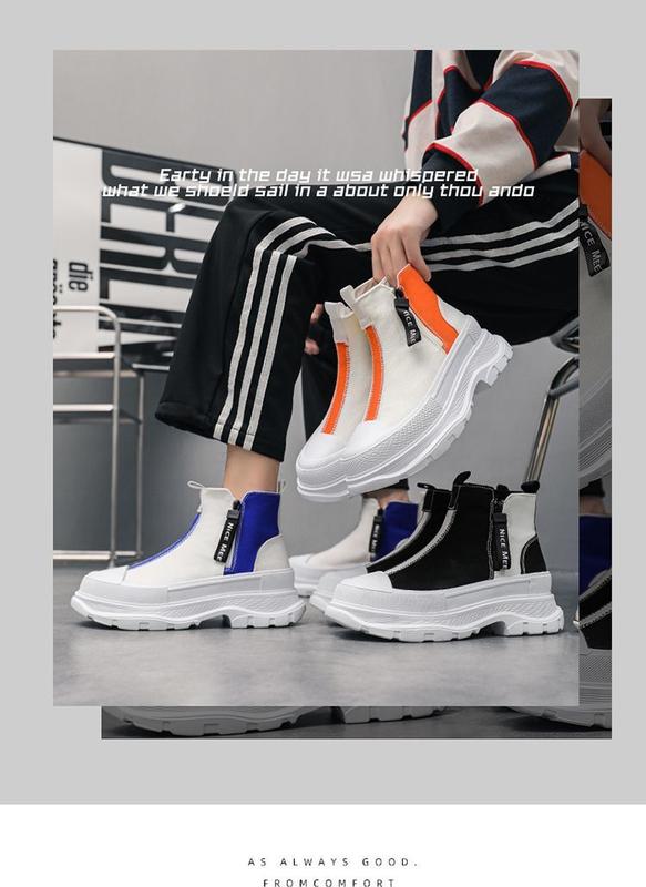 Product Introduction of Men's High-Top Shoes Fall Korean Trend All-Matching Casual Sports Men's Zip Canvas Muffin Raise the Bottom Trendy Shoes 1