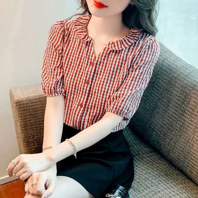 Áo Sơ Mi Kẻ Sọc Cho Nữ, Cao Cấp, Hàng Mới Về Mùa Hè 2024, ngắn Tay, Xếp Nhún, Dáng Rộng Vừa Vặn, Dễ Phối Đồ Cỡ Lớn, Giấu Bụng Trên Cùng