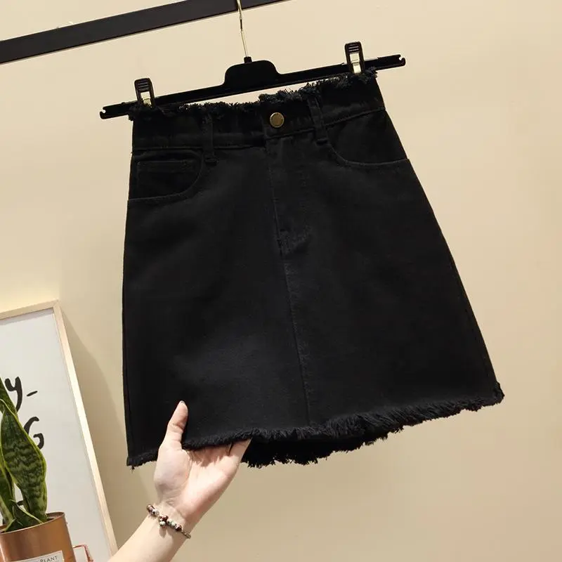 Chân Váy Denim Cạp Cao Dành Cho Nữ, Bộ Sưu Tập Mùa Xuân Và Mùa Hè, Chân Váy Mới, Ngoại Cỡ, Cô Gái Đầy Đặn, Bó dễ phối đồ, Chân Váy Ngắn Chữ A, 2024 Women Umi Khuy Quần