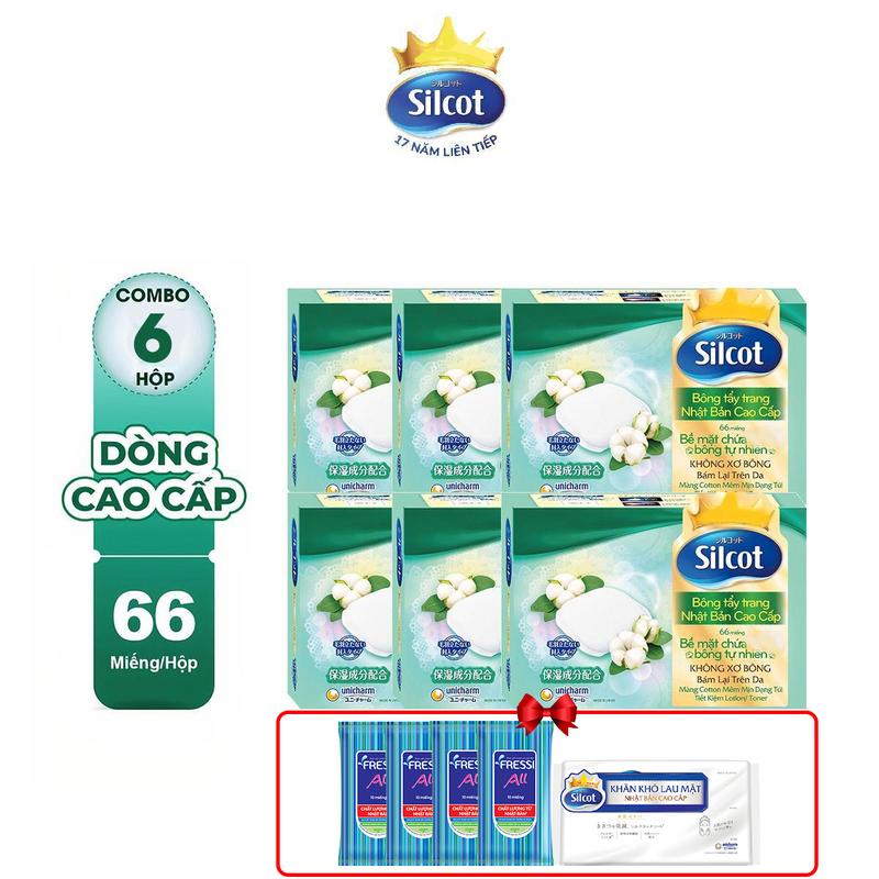 [COMBO 6-TẶNG 4 K/U FRESSI 10M+1 KHĂN KHÔ 40M] Silcot Bông tẩy trang 82/ 66 miếng/hộp