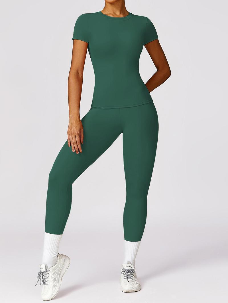 Product Introduction of Women's Solid Round Neck Tee & Leggings Tracksuit Set, Sporty Comfy Breathable Sportswear Set for Gym Workout Running, Ladies Sportswear for All Seasons, Activewear 4