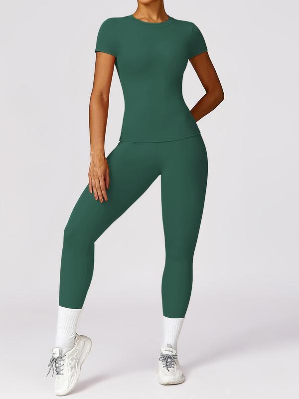 Women's Solid Round Neck Tee & Leggings Tracksuit Set, Sporty Comfy Breathable Sportswear Set for Gym Workout Running, Ladies Sportswear for All Seasons, Activewear 3