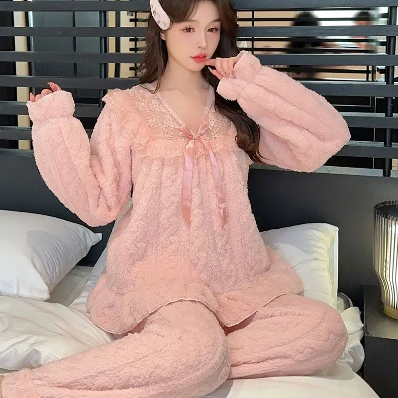 Đồ Ngủ, Dành Cho Phụ Nữ, Mùa Thu Và Mùa Đông, Jacquard Nhung, Lót Lông Cừu, Dày Dặn, Phong Cách Công Chúa, Ren, Đồ Mặc Nhà Nữ Mùa Đông, Hàng Mới Về 2
