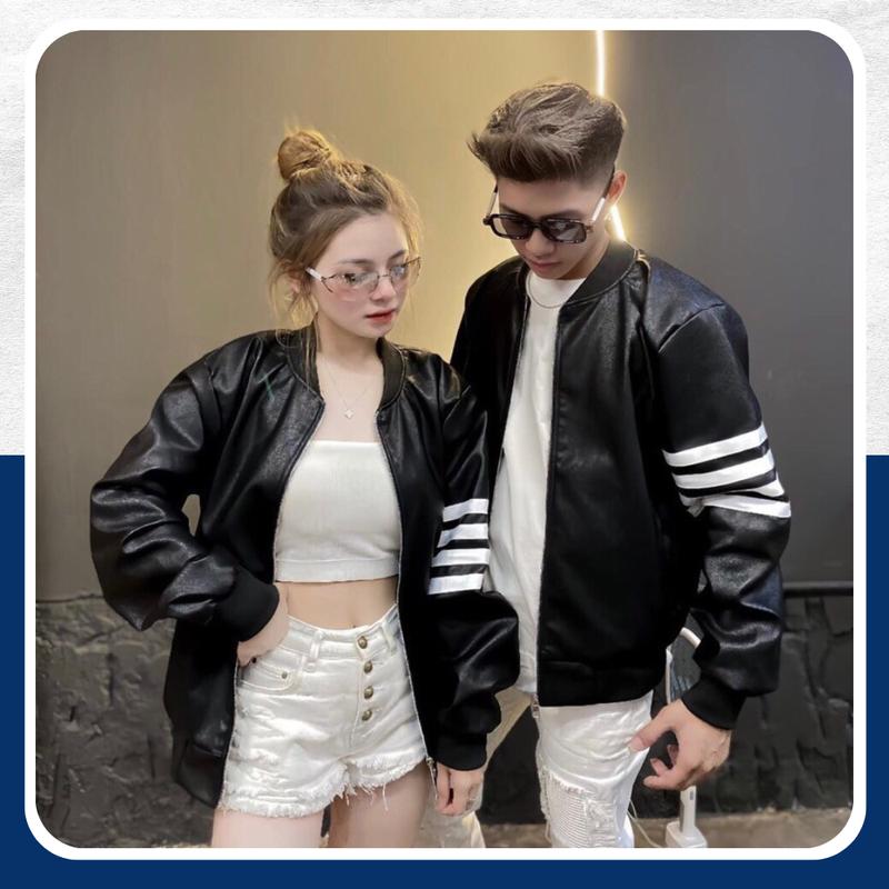 Áo Khoác Da Nam Nữ 4 Vạch Tay Trắng Thêu Da Hàng Đẹp 2 Lớp Menswear Jacket